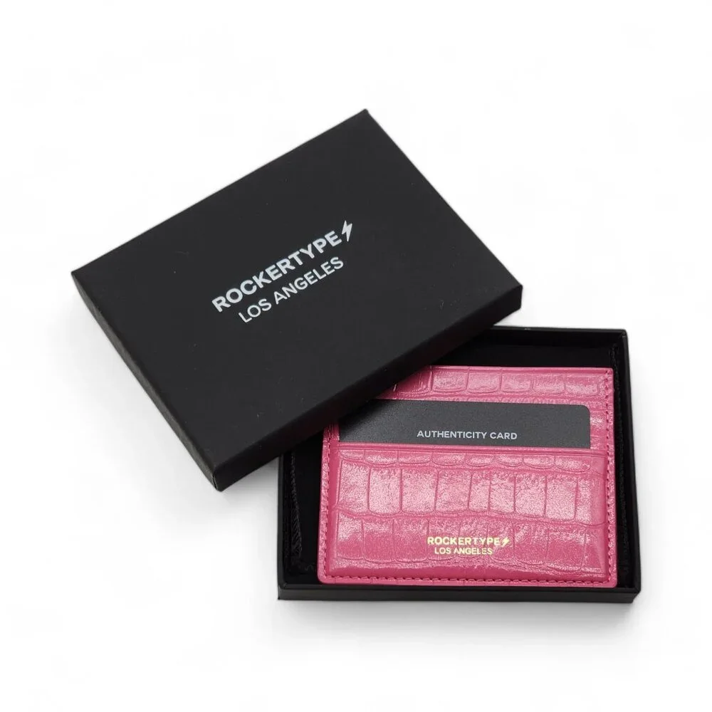 Rockertype Cardholder Wallet Crocodile Embossed Italian Leather Pink